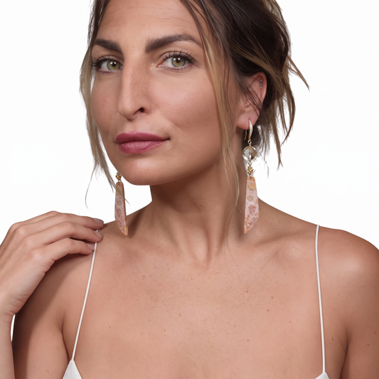 Trebor Style crystal quartz and fossil coral drop earrings with 14k gold and CZ pavé worn by a woman.