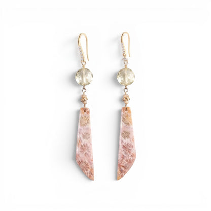 Trebor Style 14k gold drop earrings featuring faceted crystal quartz, CZ pavé, and sculptural fossil coral drops.