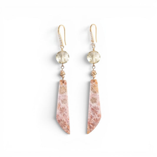 Trebor Style 14k gold drop earrings featuring faceted crystal quartz, CZ pavé, and sculptural fossil coral drops.