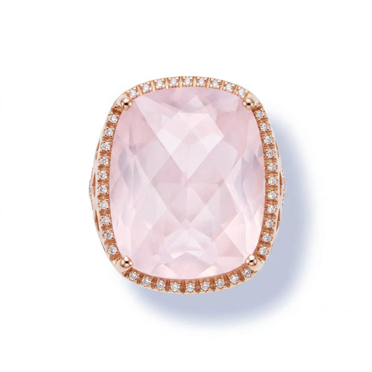 Trebor Style cushion cut rose quartz statement ring with a diamond halo set in polished 14k rose gold, handmade in Italy by Zoccai