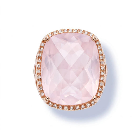 Trebor Style cushion cut rose quartz statement ring with a diamond halo set in polished 14k rose gold, handmade in Italy by Zoccai
