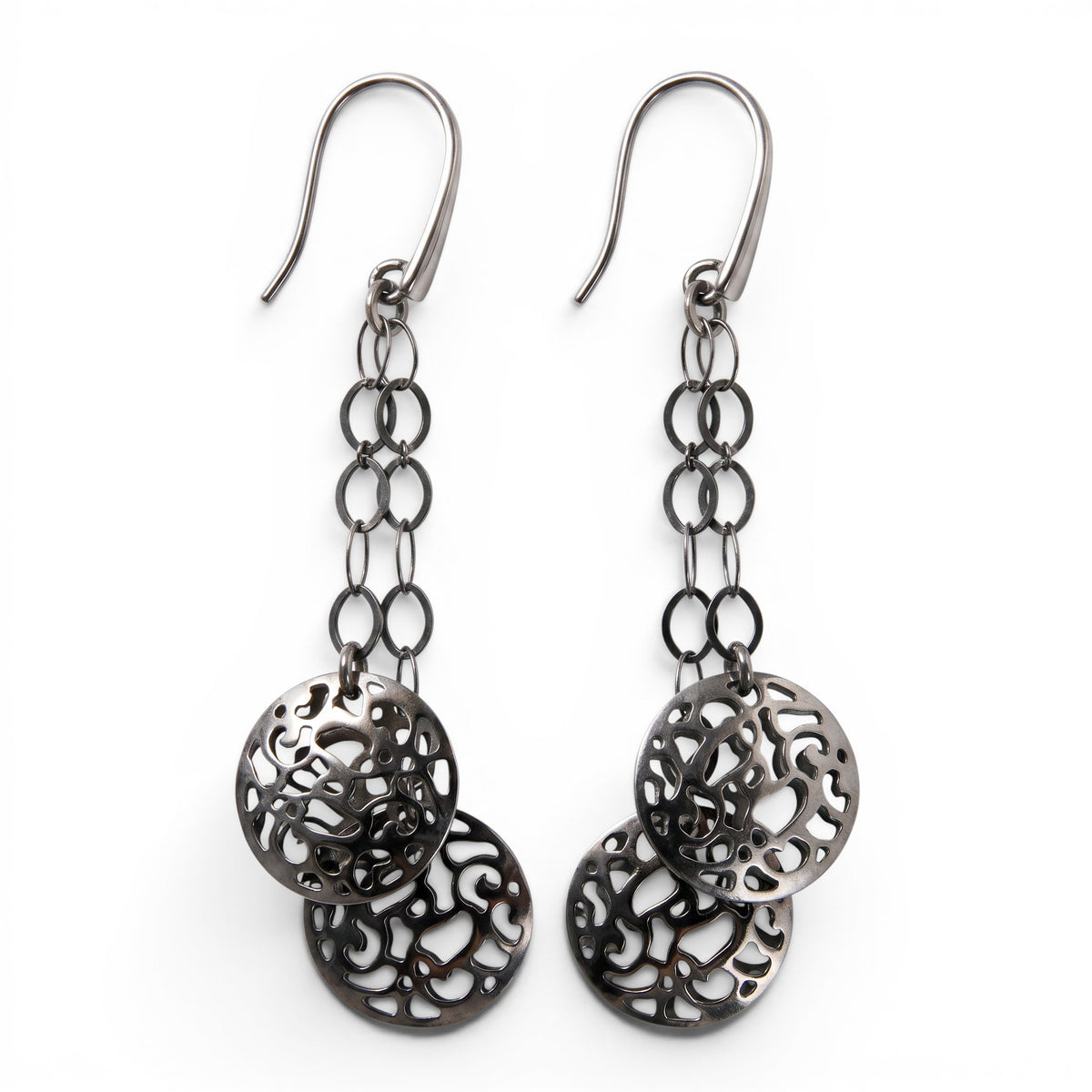 Trebor Style dark rhodium sterling silver filigree drop earrings with double bead design on open link chains