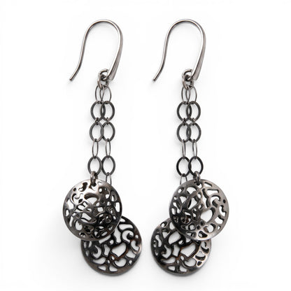Trebor Style dark rhodium sterling silver filigree drop earrings with double bead design on open link chains
