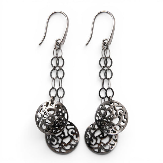Trebor Style dark rhodium sterling silver filigree drop earrings with double bead design on open link chains