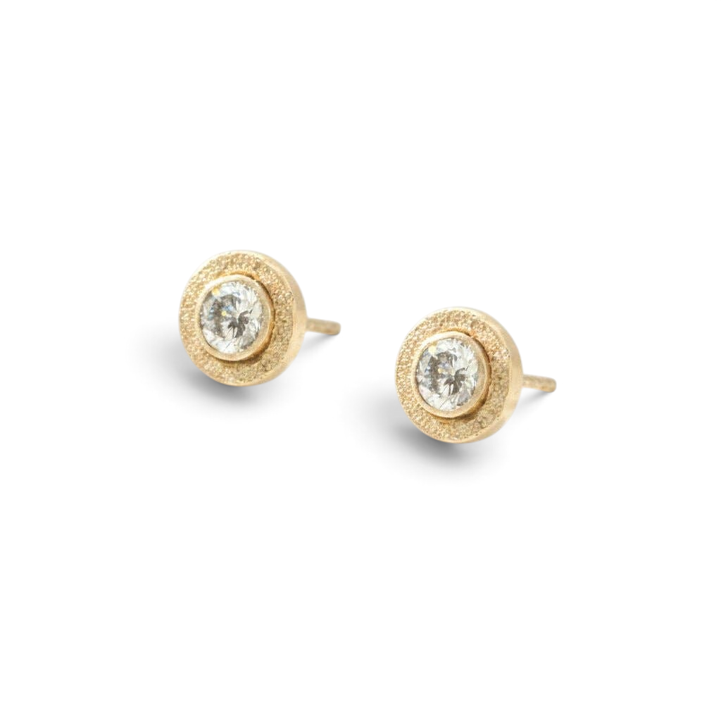 Trebor Style diamond stud earrings featuring 4mm lab-grown diamonds in 14kt gold-filled bezel settings.