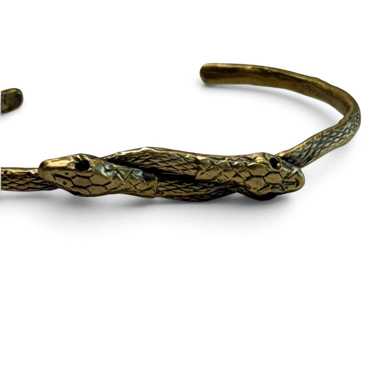 Trebor Style thin double serpent bangle in reclaimed brass with intricate scale detailing and Austrian crystal eyes.