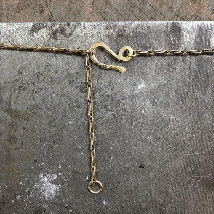 Trebor Style brass necklace with a handmade clasp and adjustable chain, featuring aquamarine and labradorite stones.