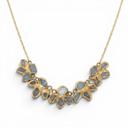 Trebor Style statement necklace with aquamarine and labradorite stones set in brass, inspired by a dragonfly.