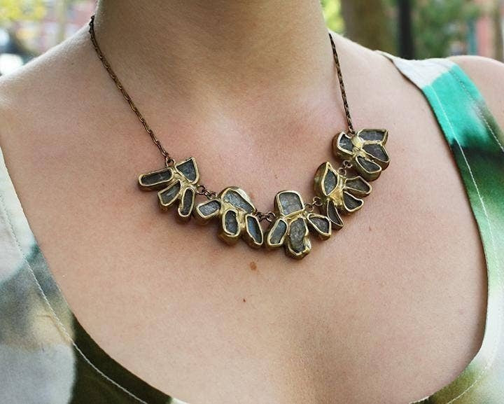 Trebor Style statement necklace with aquamarine and labradorite stones in brass, inspired by a dragonfly.