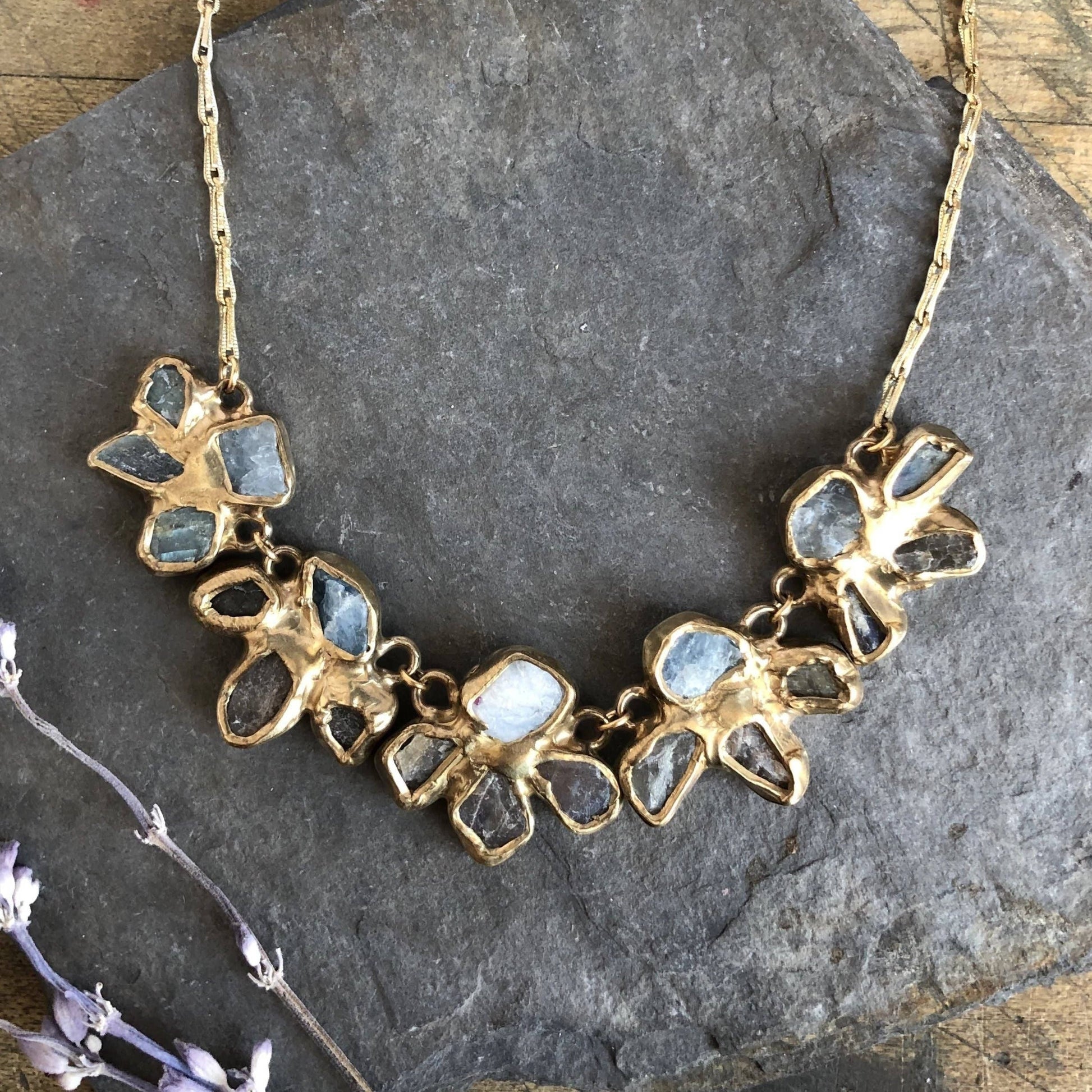 Trebor Style statement necklace with aquamarine and labradorite stones in brass, inspired by a dragonfly.