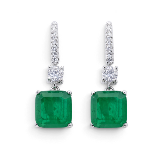 Trebor Style 10ctw emerald green and white Asscher-cut cubic zirconia drop earrings in rhodium-plated sterling silver.