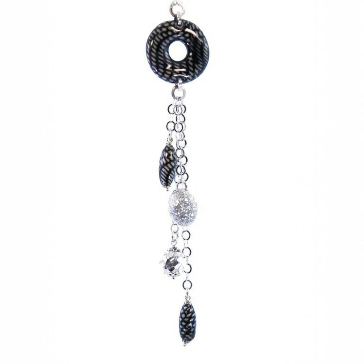 Trebor Style sterling silver Y-necklace pendant featuring black and white enameled beads and silver nugget accents.