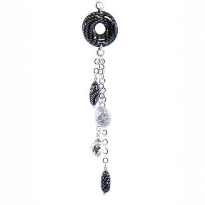 Trebor Style sterling silver Y-necklace pendant featuring black and white enameled beads and silver nugget accents.