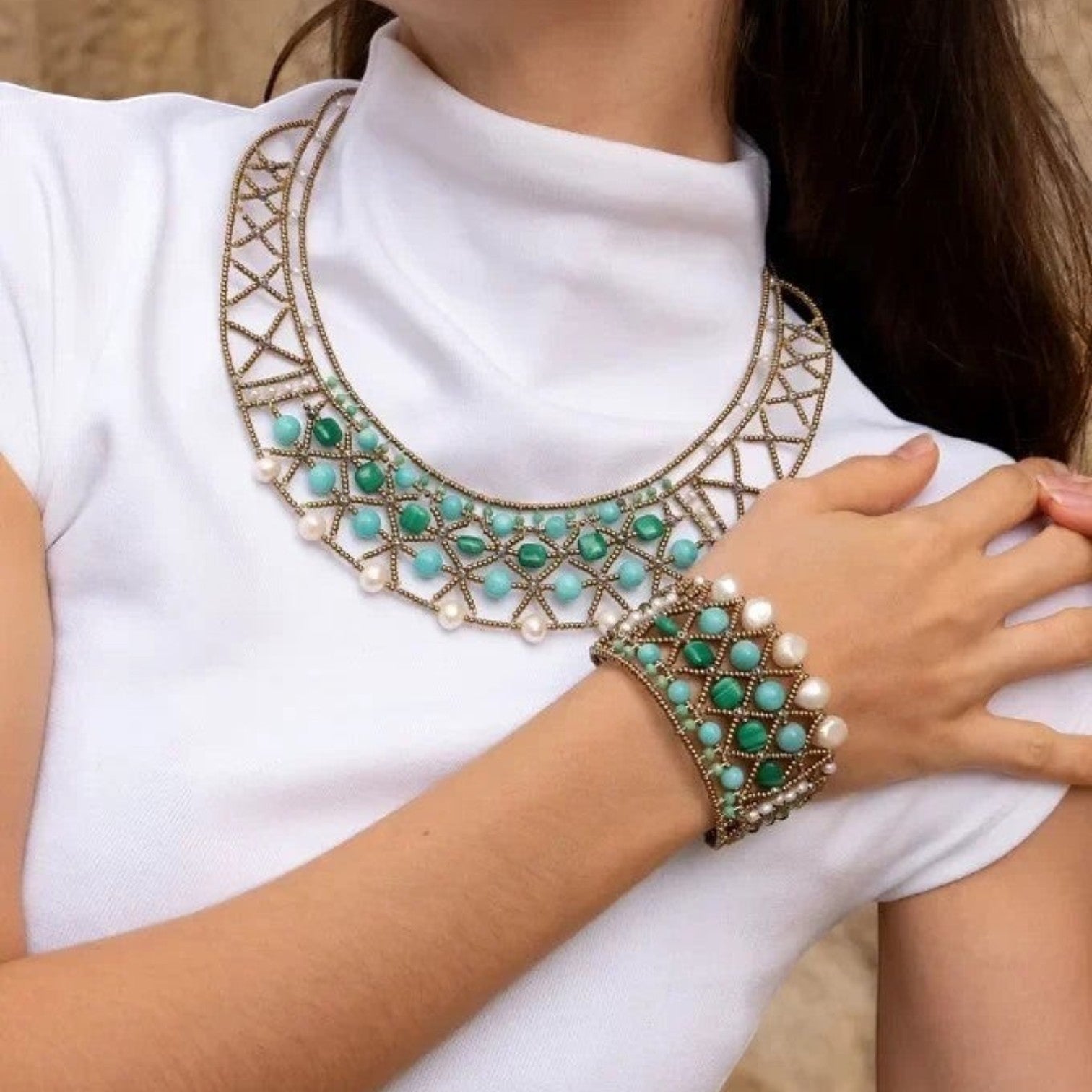 Trebor Style Essenza necklace and bracelet set featuring amazonite, chrysoprase, malachite, pearls, and Murano beads.