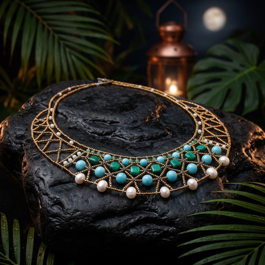 Trebor Style Essenza green necklace featuring amazonite, chrysoprase, malachite, Murano glass beads, and freshwater pearls.