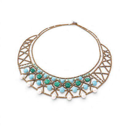 Trebor Style Essenza green necklace featuring amazonite, chrysoprase, malachite, Murano glass beads, and pearl accents.