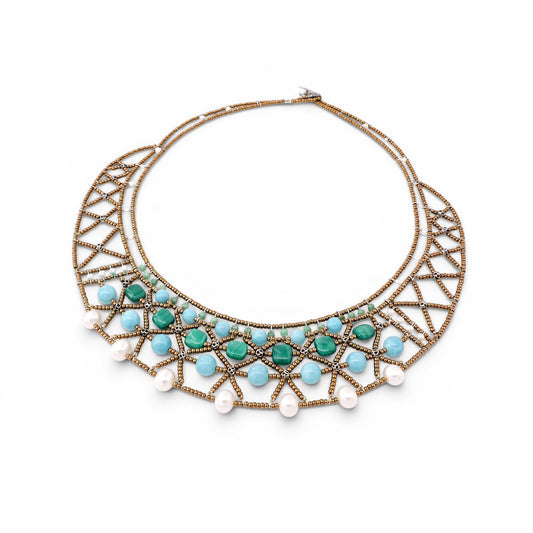 Trebor Style Essenza green necklace featuring amazonite, chrysoprase, malachite, Murano glass beads, and pearl accents.