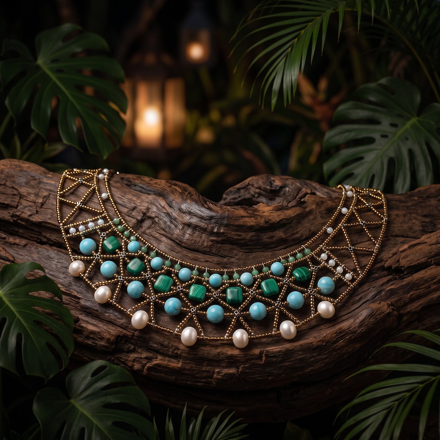 Trebor Style Essenza green necklace featuring amazonite, chrysoprase, malachite, Murano glass beads, and freshwater pearls.