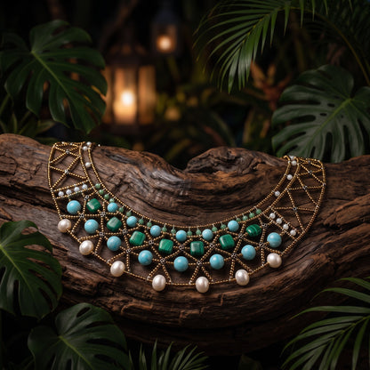 Trebor Style Essenza green necklace featuring amazonite, chrysoprase, malachite, Murano glass beads, and freshwater pearls.