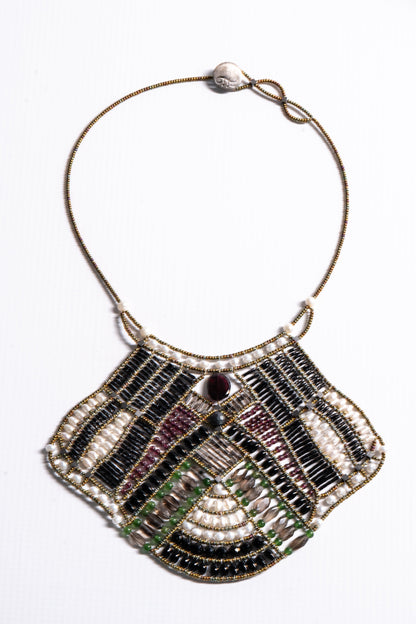Trebor Style Falena statement bib necklace featuring onyx, garnet, pearls, and gold murano glass beads on steel wire.