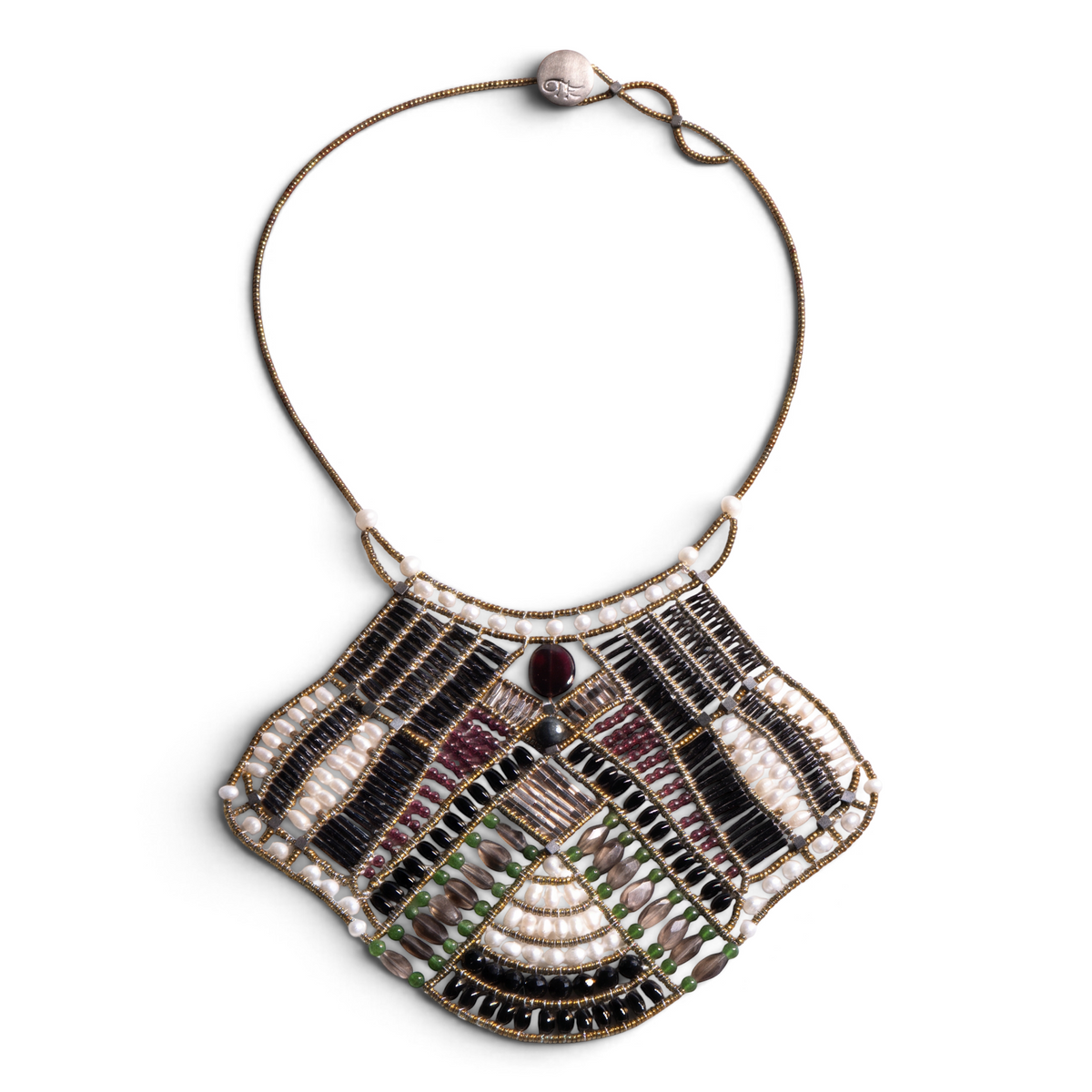 Trebor Style Falena statement bib necklace featuring onyx, garnet, pearls, and murano glass beads on stainless steel.