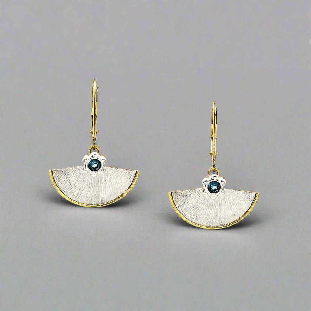 Trebor Style fan-shaped sterling silver earrings with 14kt gold-filled borders and London Blue Topaz gemstones.