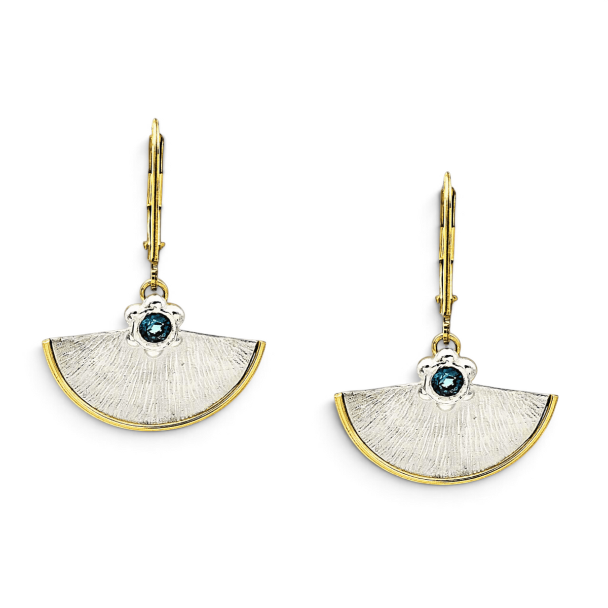 Trebor Style fan-shaped sterling silver earrings with 14kt gold-filled borders and London Blue Topaz gemstones.