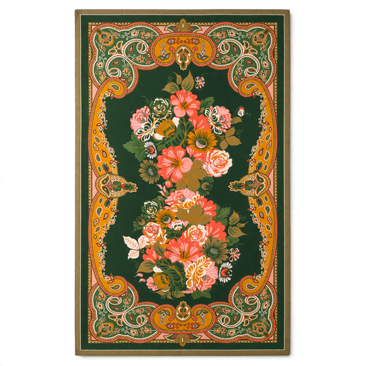 Trebor Style folk art floral print scarf in pink, green, cream, and tan on soft lightweight polyester fabric.