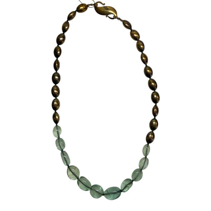 Trebor Style handcrafted statement necklace featuring pale green fluorite beads and metallic bronze oval accents.