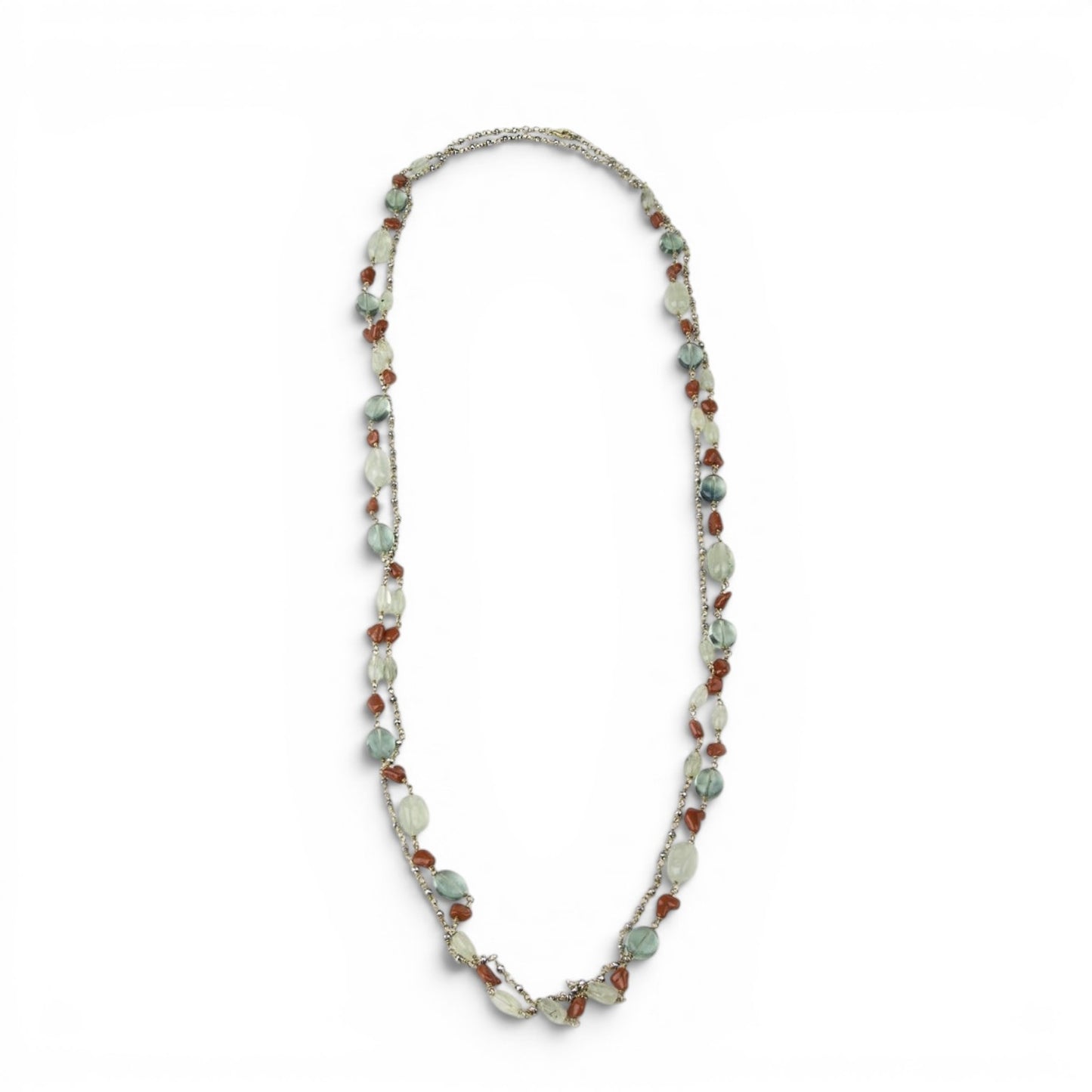 Trebor Style extra long beaded necklace featuring green fluorite, moonstone, and red coral beads on a sterling silver chain.