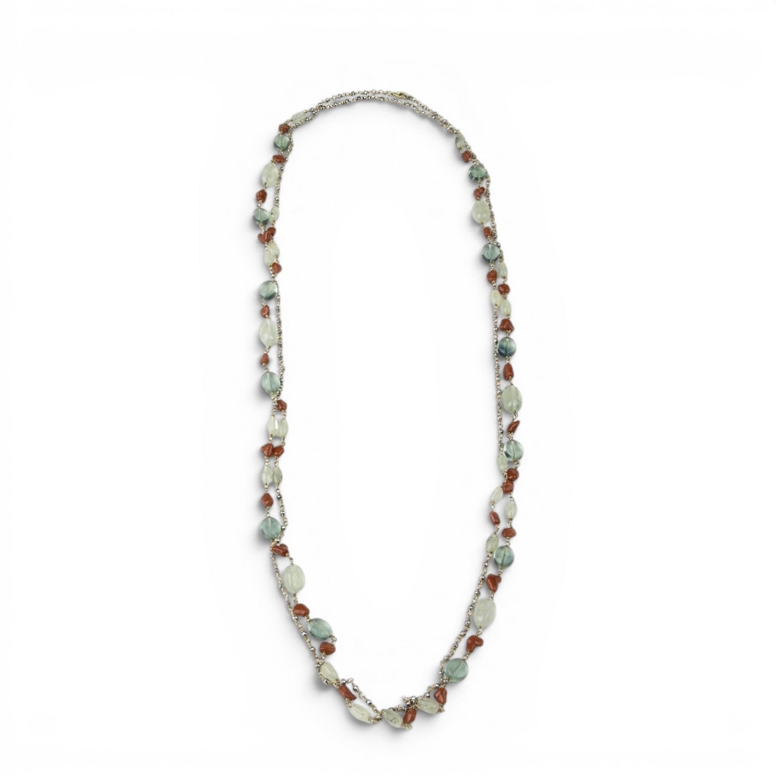 Trebor Style extra long beaded necklace featuring green fluorite, moonstone, and red coral beads on a sterling silver chain.