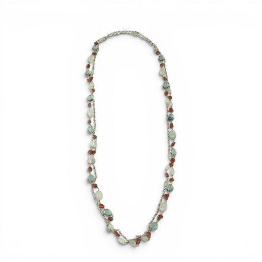 Trebor Style extra long beaded necklace featuring green fluorite, moonstone, and red coral beads on a sterling silver chain.