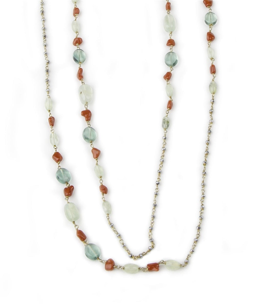 Trebor Style extra long beaded necklace featuring green fluorite, moonstone, and red coral beads on sterling silver.