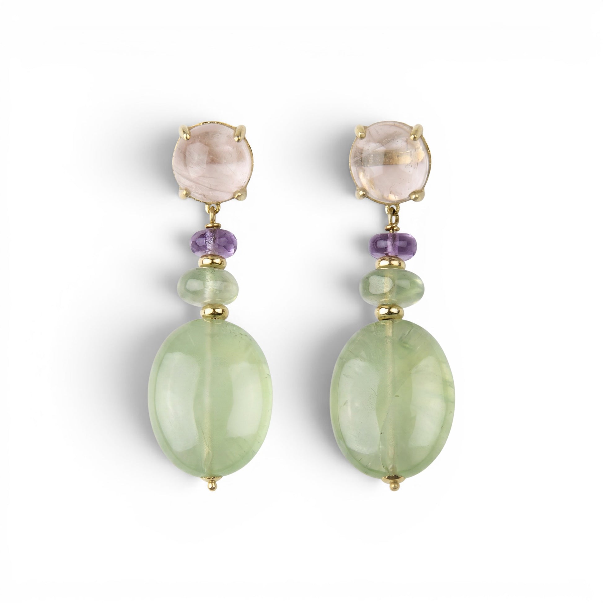 Trebor Style 18k yellow gold drop earrings featuring pink quartz, green fluorite, and amethyst gemstones.