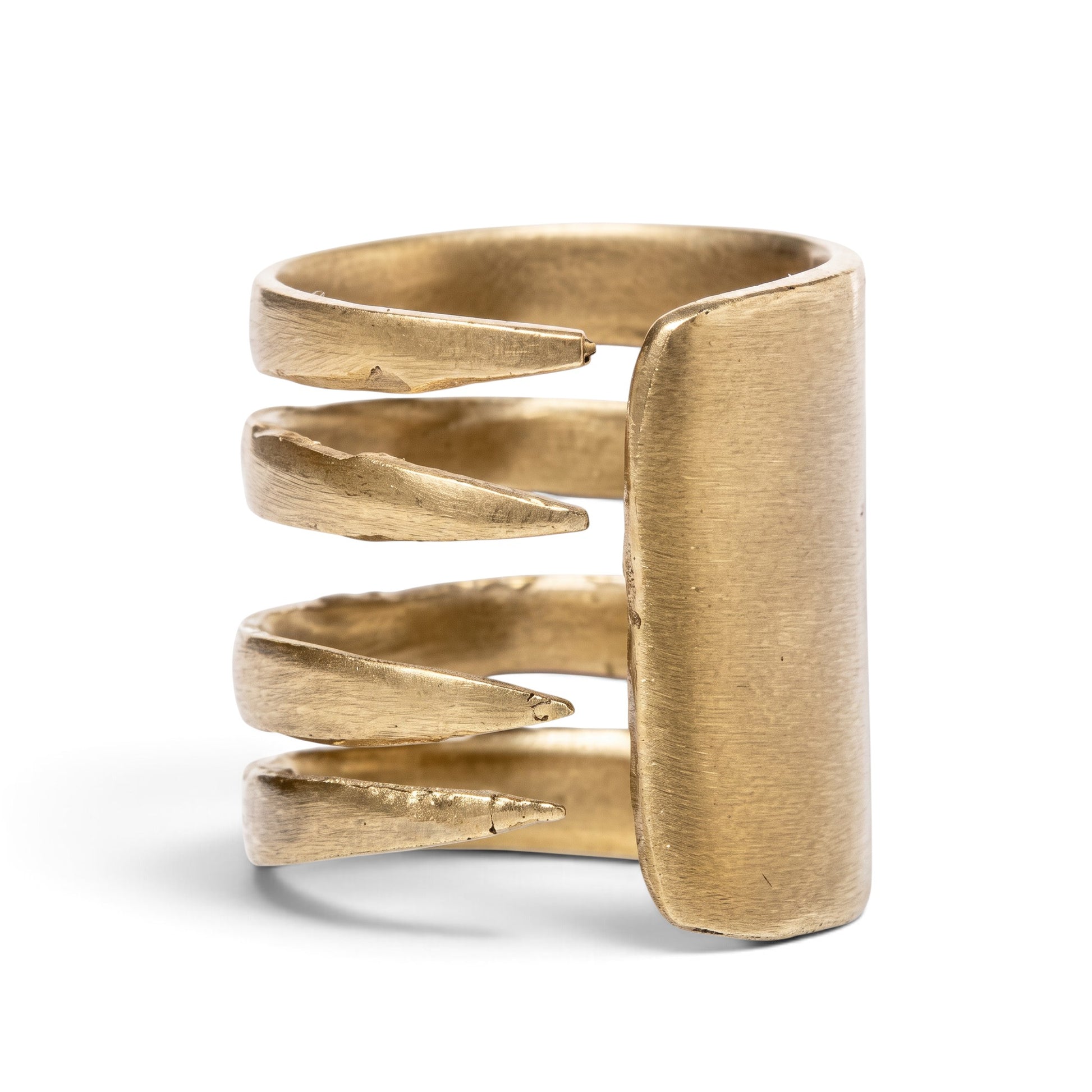 Trebor Style fork ring crafted from reclaimed copper and zinc with a textured gold-tone finish and unique utensil design