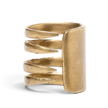 Trebor Style fork ring crafted from reclaimed copper and zinc with a textured gold-tone finish and unique utensil design