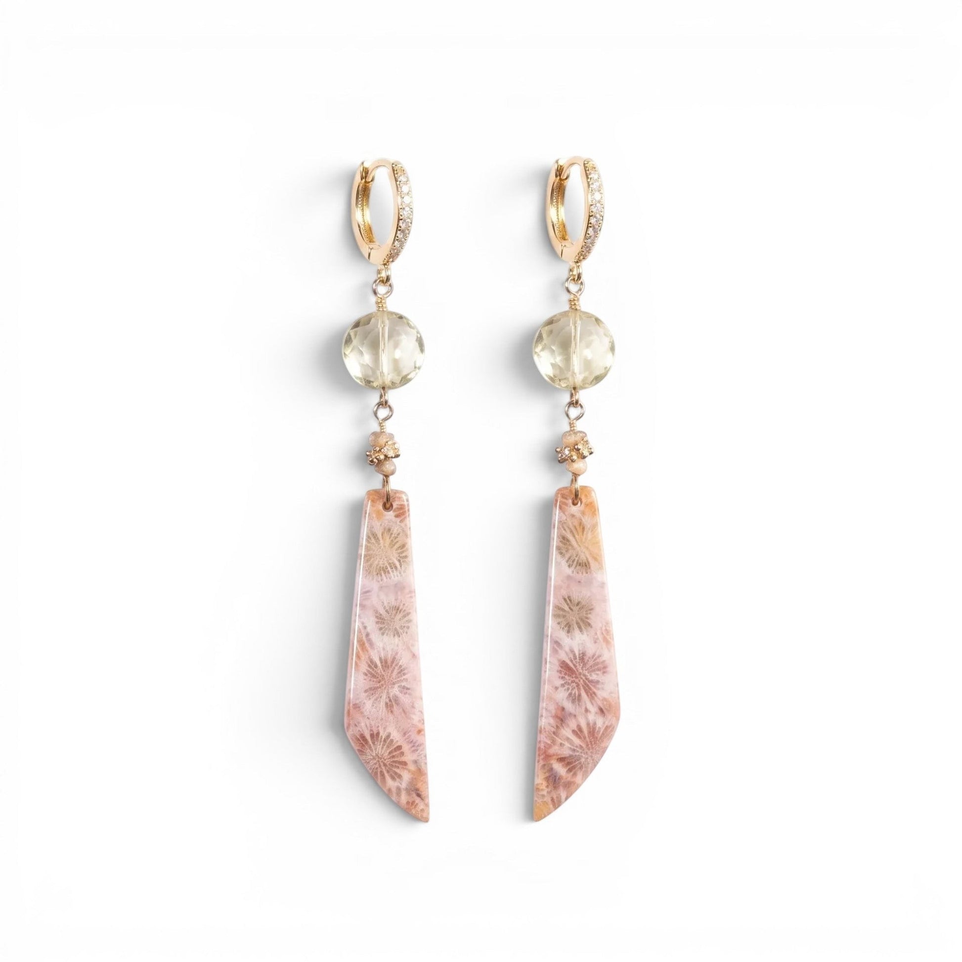 Trebor Style 14k gold drop earrings featuring faceted crystal quartz, seed pearls, and fossil coral with diamond pavé.