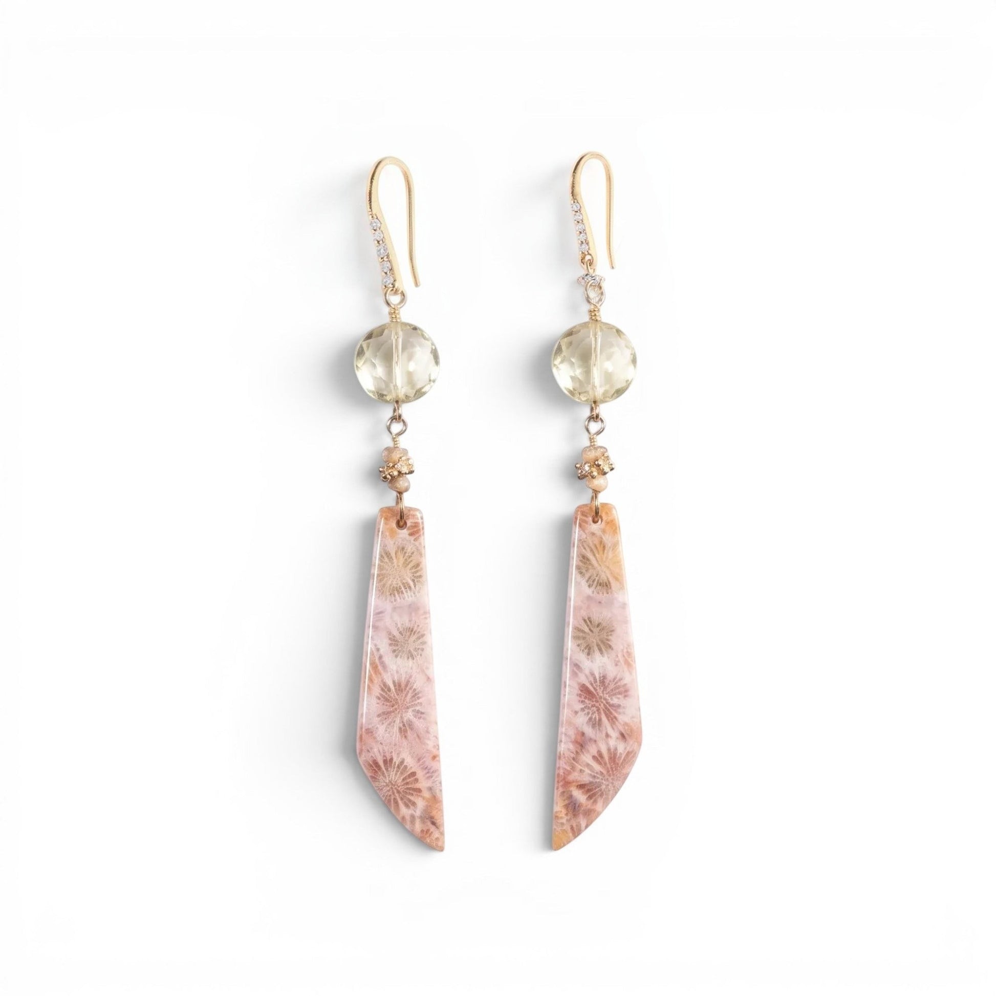 Trebor Style 14k gold drop earrings featuring faceted crystal quartz, seed pearls, and fossil coral with diamond pavé.