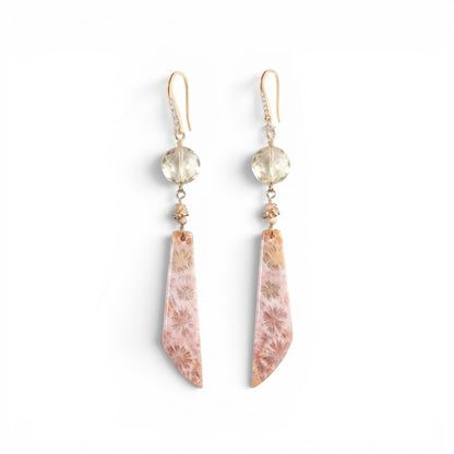 Trebor Style 14k gold drop earrings featuring faceted crystal quartz, seed pearls, and fossil coral with diamond pavé.