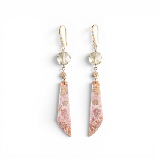 Trebor Style 14k gold drop earrings featuring faceted crystal quartz, seed pearls, and fossil coral with diamond pavé.