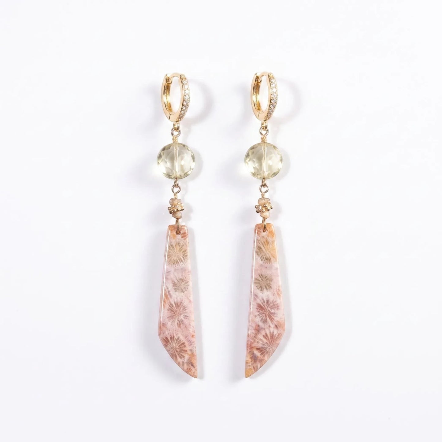 Trebor Style drop earrings featuring elongated fossilized coral, faceted lemon quartz beads, and 14k gold-plated huggies.