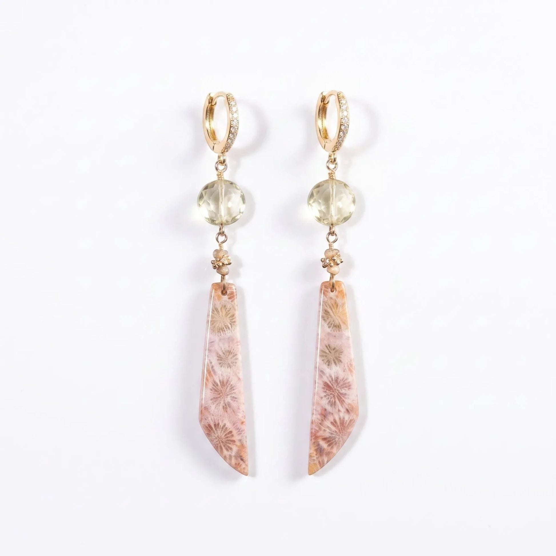 Trebor Style drop earrings featuring elongated fossilized coral, faceted lemon quartz beads, and 14k gold-plated huggies.