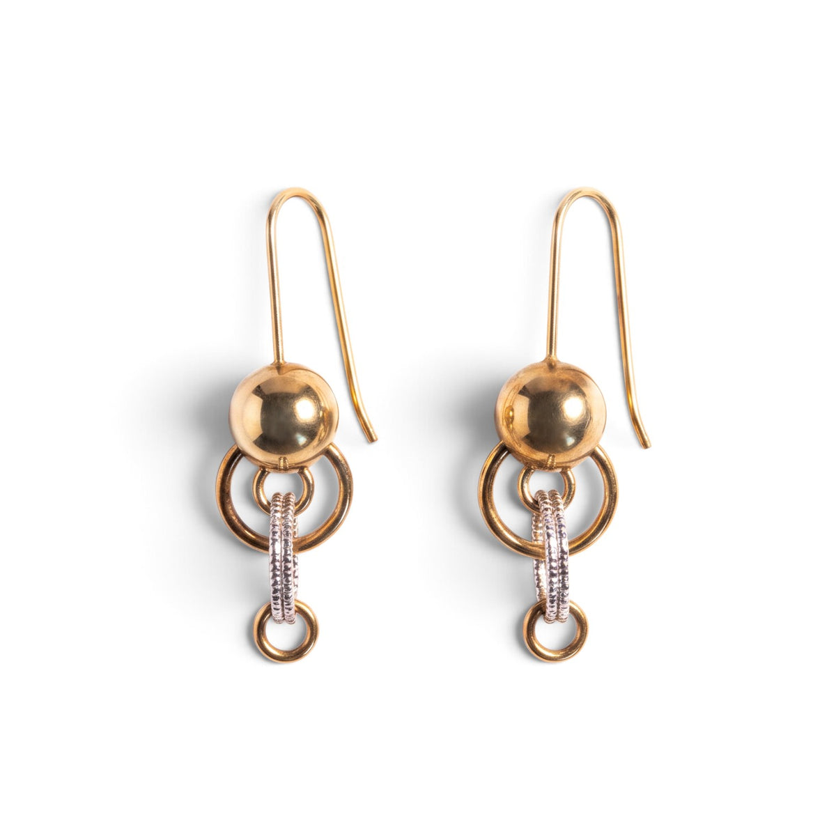 Trebor Style Frederic Duclos two-tone sterling silver drop earrings with gold beads and laser-cut silver rings.