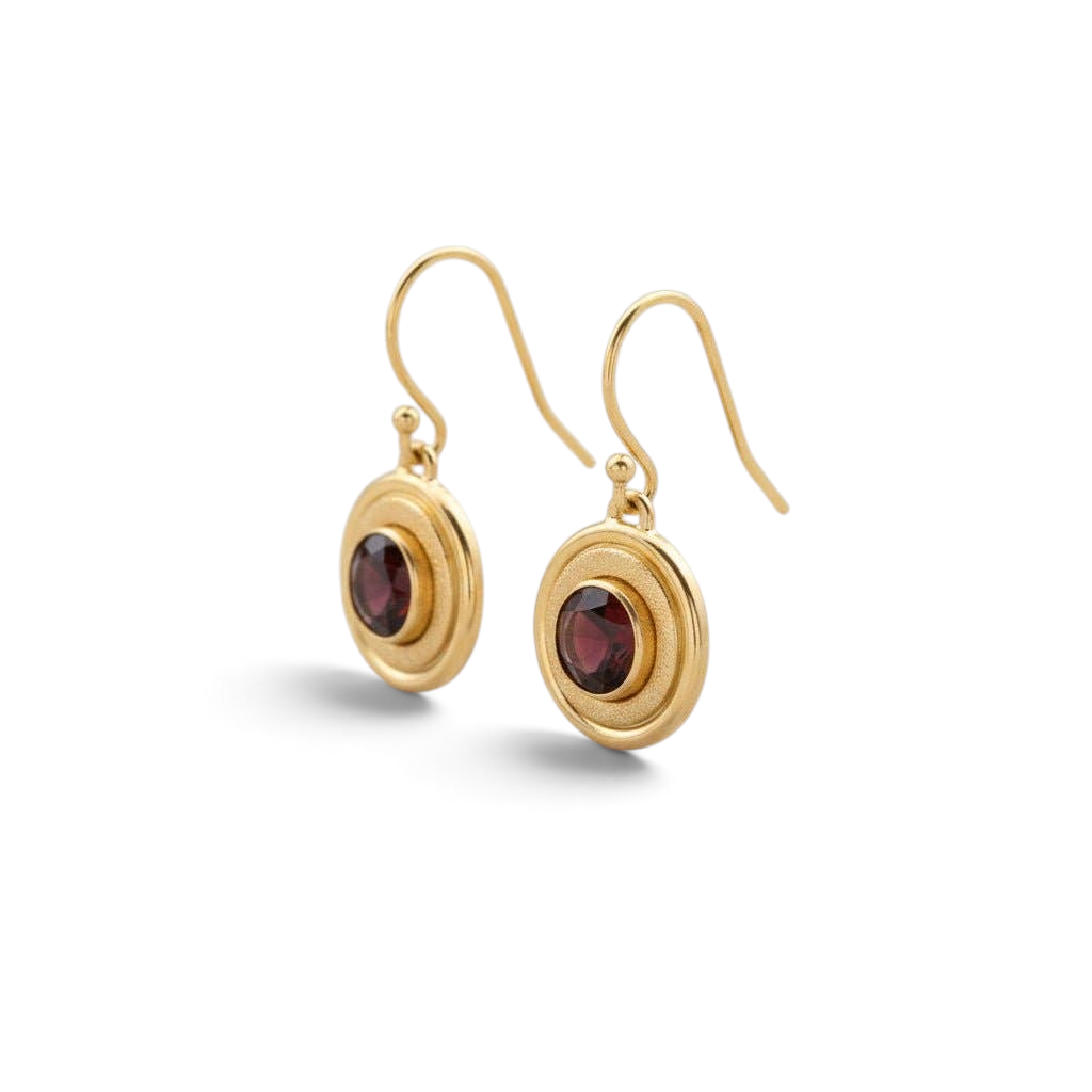 Trebor Style garnet earrings featuring 6mm crimson stones in 14K gold-filled double halo frames with textured detail.