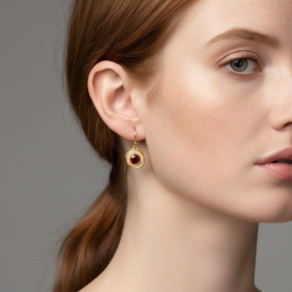 Trebor Style garnet earrings featuring 6mm crimson stones in 14K gold-filled double halo frames on a model