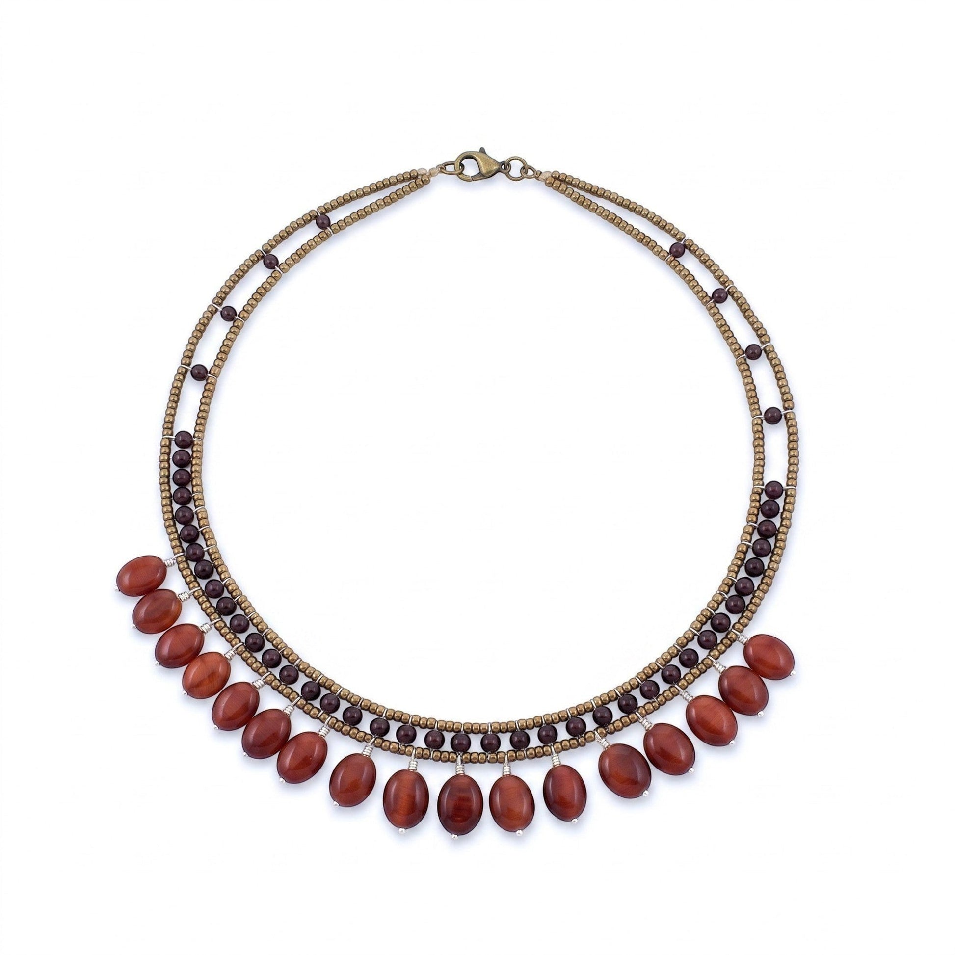 Trebor Style multi-strand beaded necklace with onyx, dark garnet accents, and dangling carnelian beads by Ziio