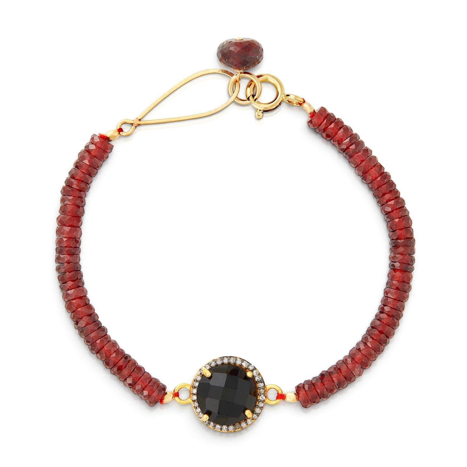 Trebor Style garnet bead bracelet with a central black spinel diamond halo charm and gold-filled clasp.