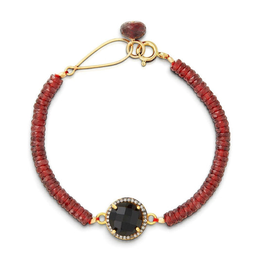 Trebor Style garnet bead bracelet with a central black spinel diamond halo charm and gold-filled clasp.