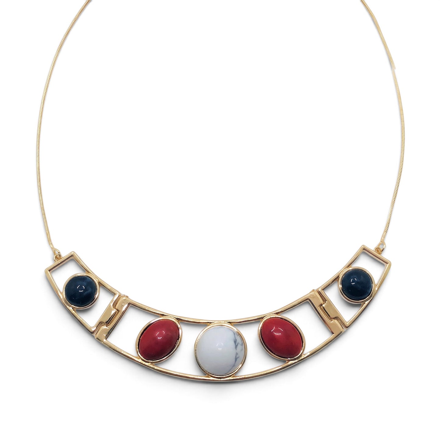 Trebor Style gold-plated collar necklace featuring five circular howlite and sodalite gemstones on an adjustable frame.