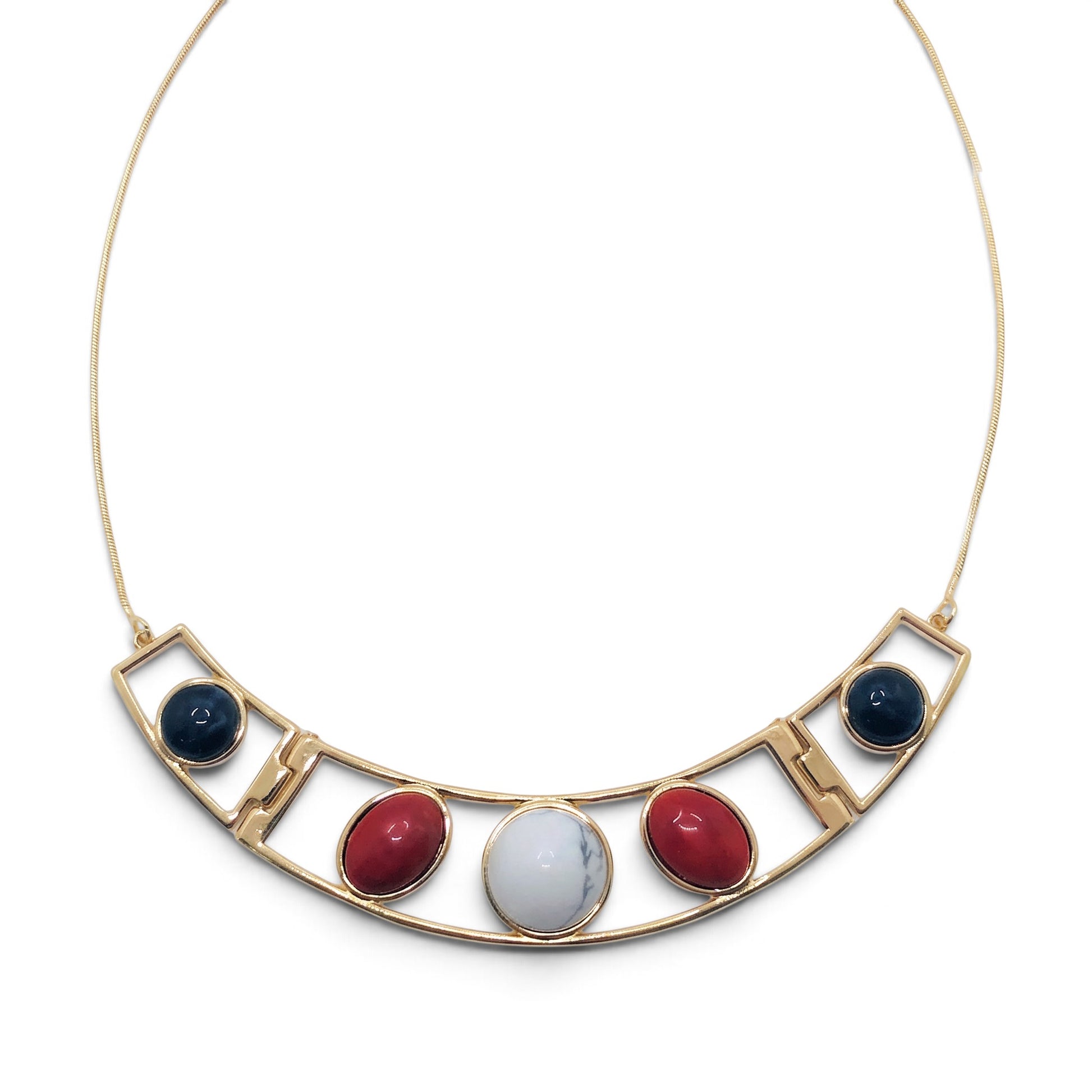 Trebor Style gold-plated collar necklace featuring five circular howlite and sodalite gemstones on an adjustable frame.
